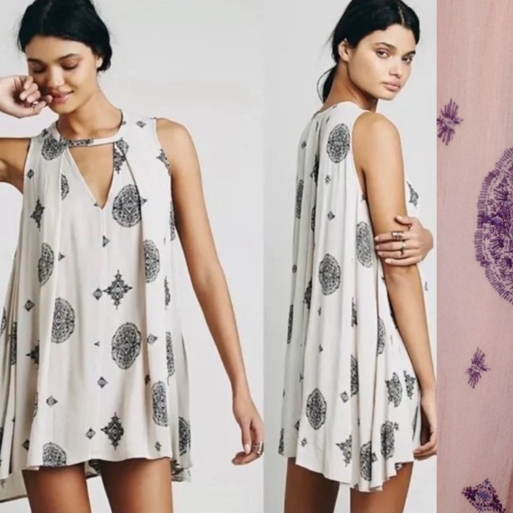 Free People | Pink & Purple Mandala Medallion V-Neck Mini Swing/Trapeze Dress